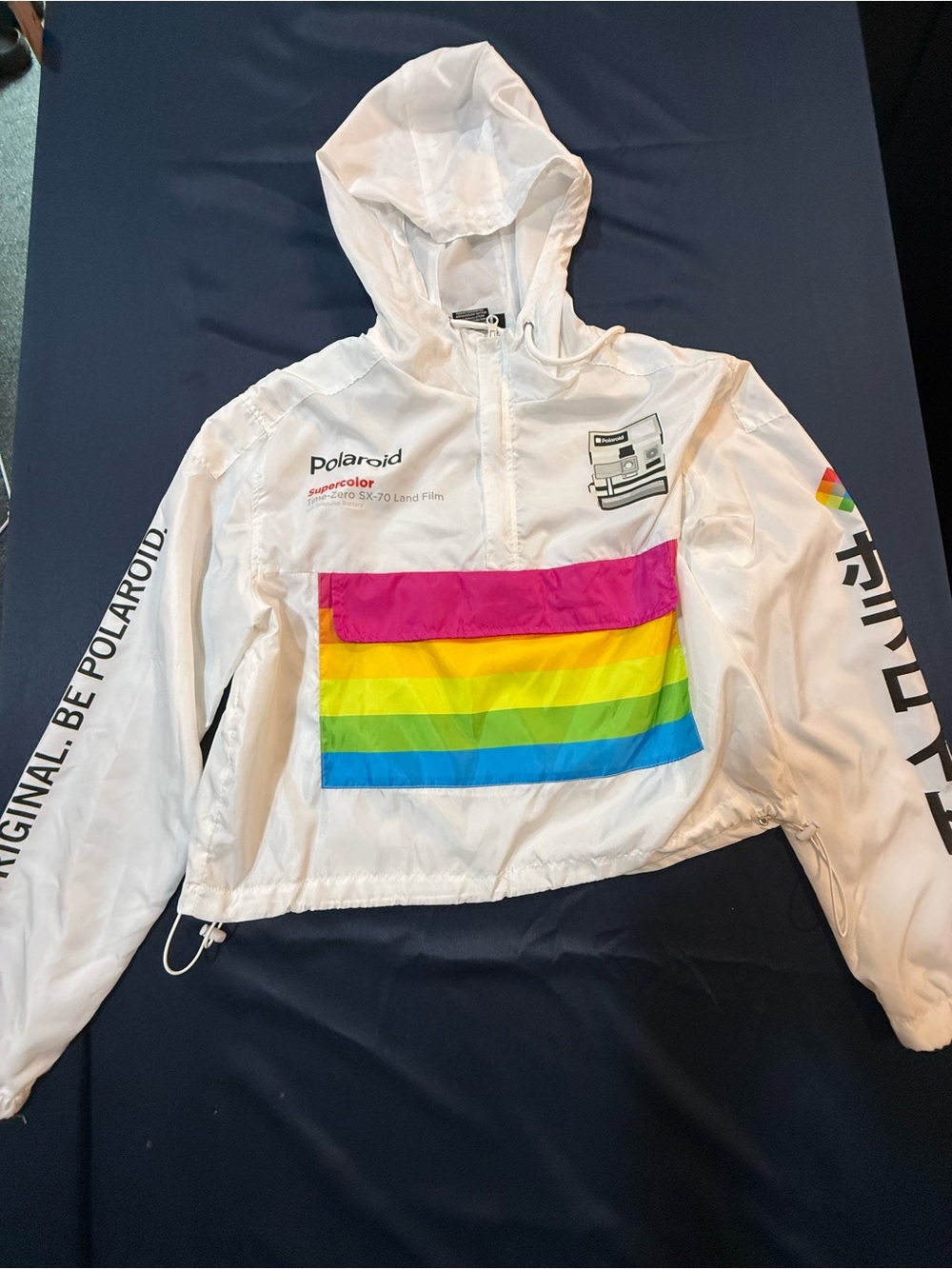 Polaroid Women’s White Hooded Jacket with Rainbow Chest Stripe